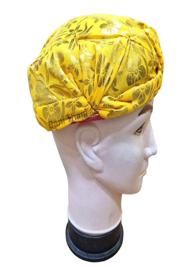 BANI THANI® Rajasthani Cotton Pagdi for Men's & Women's Traditional Round Turban for Any Party Events or Festival, Yellow Pagdi with Golden Print, Freesize (Yellow Foil Topi) - Image 3